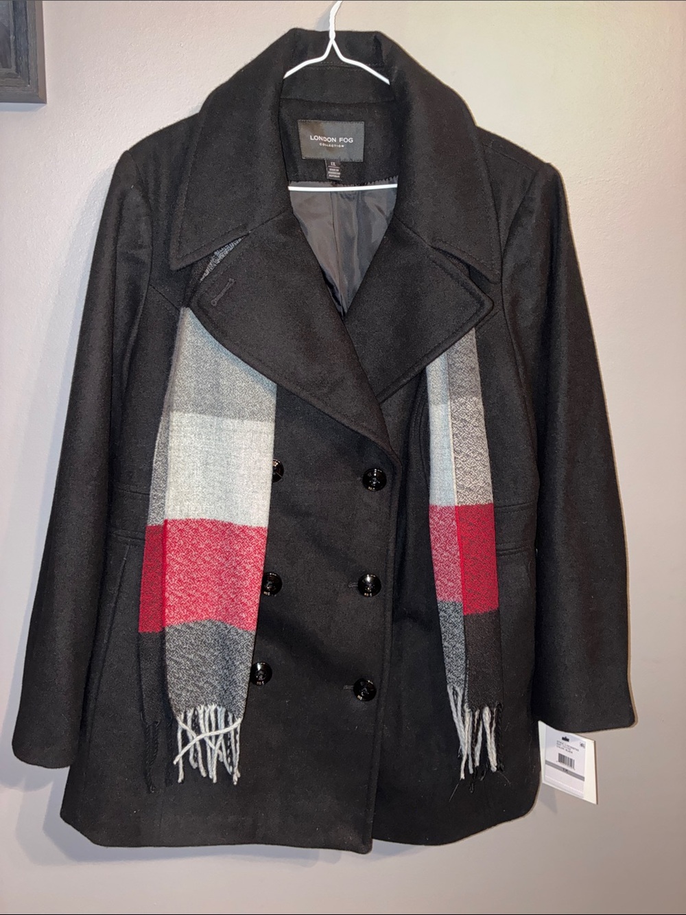 London Fog Black Wool Coat with Gray & Red Plaid Scarf